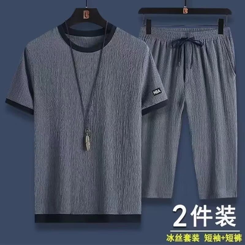 Summer Ice Silk Set for Men Loose Fit Plus Size Casual Sport Youth Street Style Linen Short Sleeve and Cropped Pants Two-Piece Set