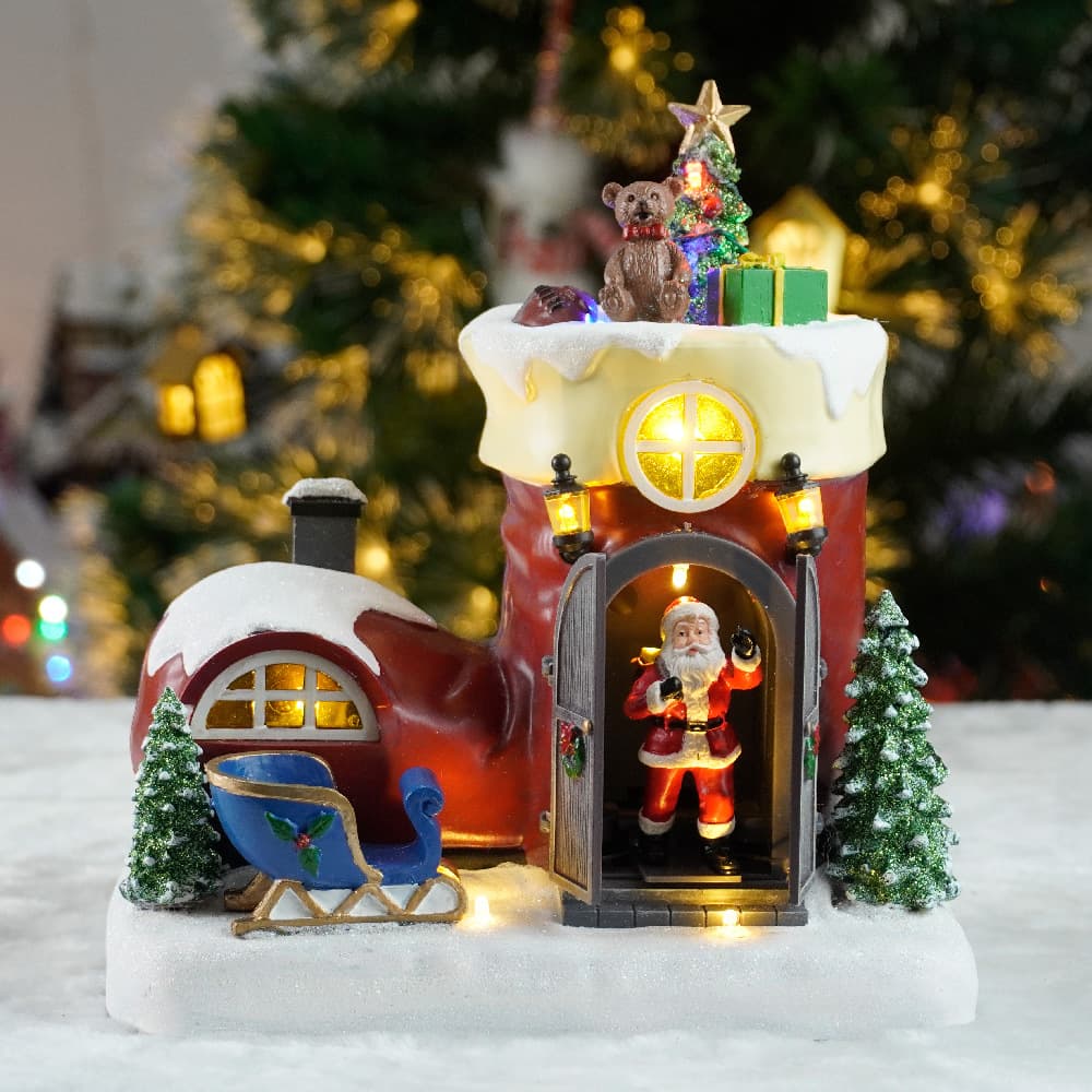 New Christmas Gift Light-Up Musical Figurine Boot-Shaped Snow House Music Box with Santa Opening Door Scene