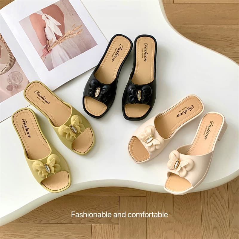 2025 New Wedge Sandals Summer Non-Slip Women's Korean Style Soft Sole Slide Sandals with Bow