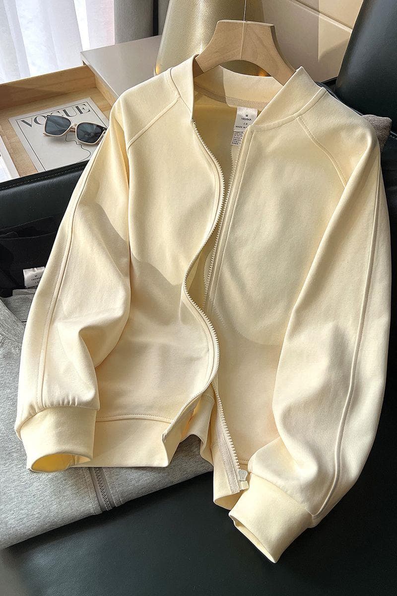 Women's Double-Layer Cotton Fleece Sweatshirt - Thin Style for Spring, Thick and Comfortable, Loose Fit, Versatile Stand Collar, Zip-Up Casual Sports Cardigan for Outerwear