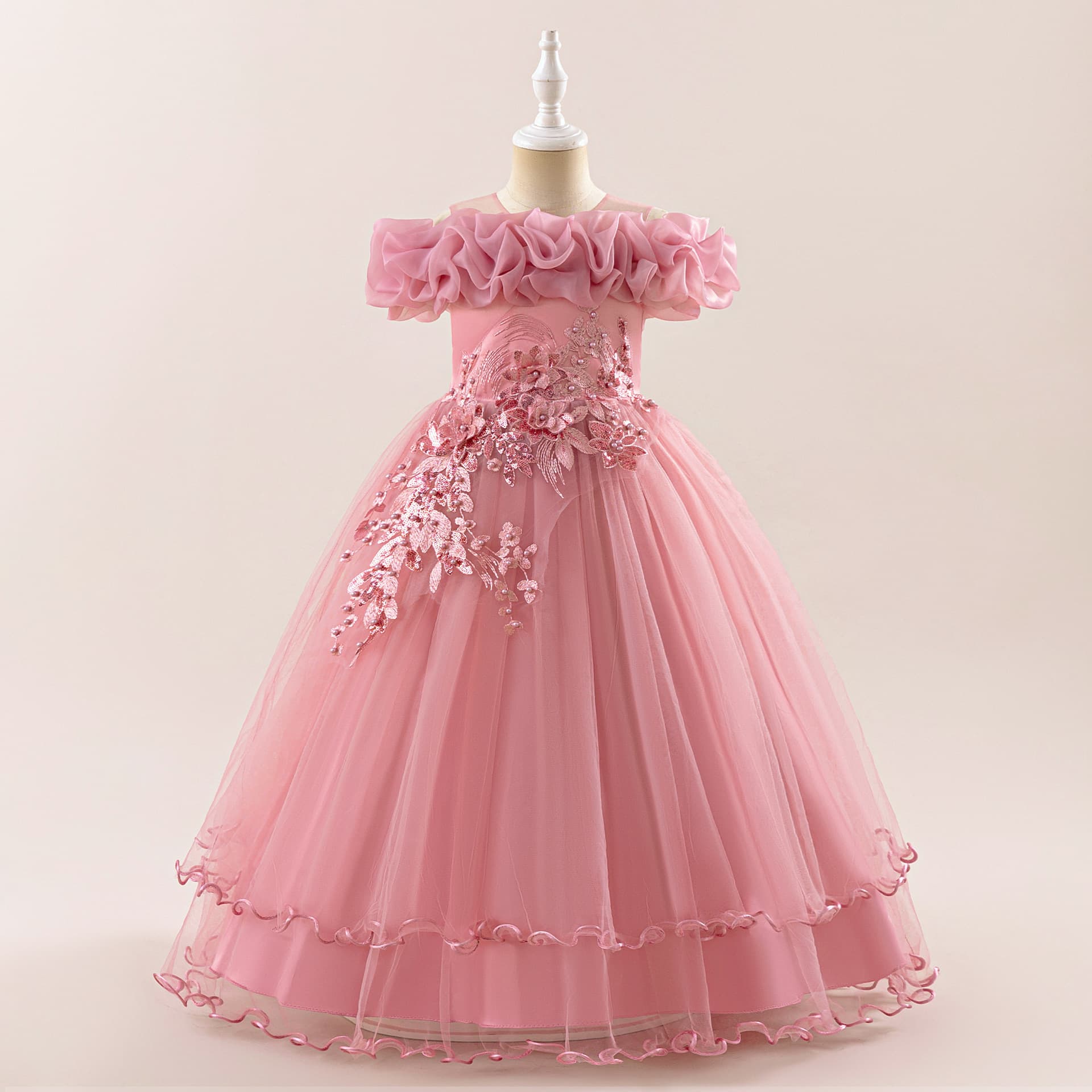 Children's Formal Dress Off-Shoulder Tutu Mesh Princess Dress Girls Wedding Banquet Piano Performance Party Dress