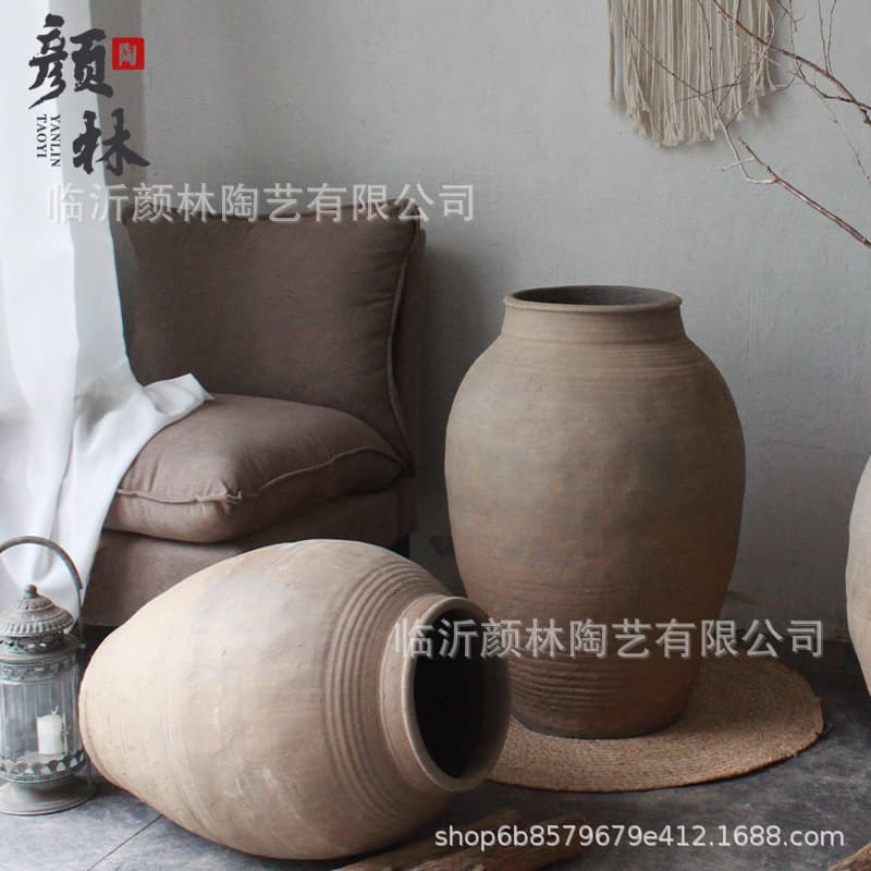 Folk Decorative Ceramic Vase Large Floor Vase Coarse Pottery Large Clay Pot Earthenware Clay Pot Crock Pottery Jar for Dry Branches