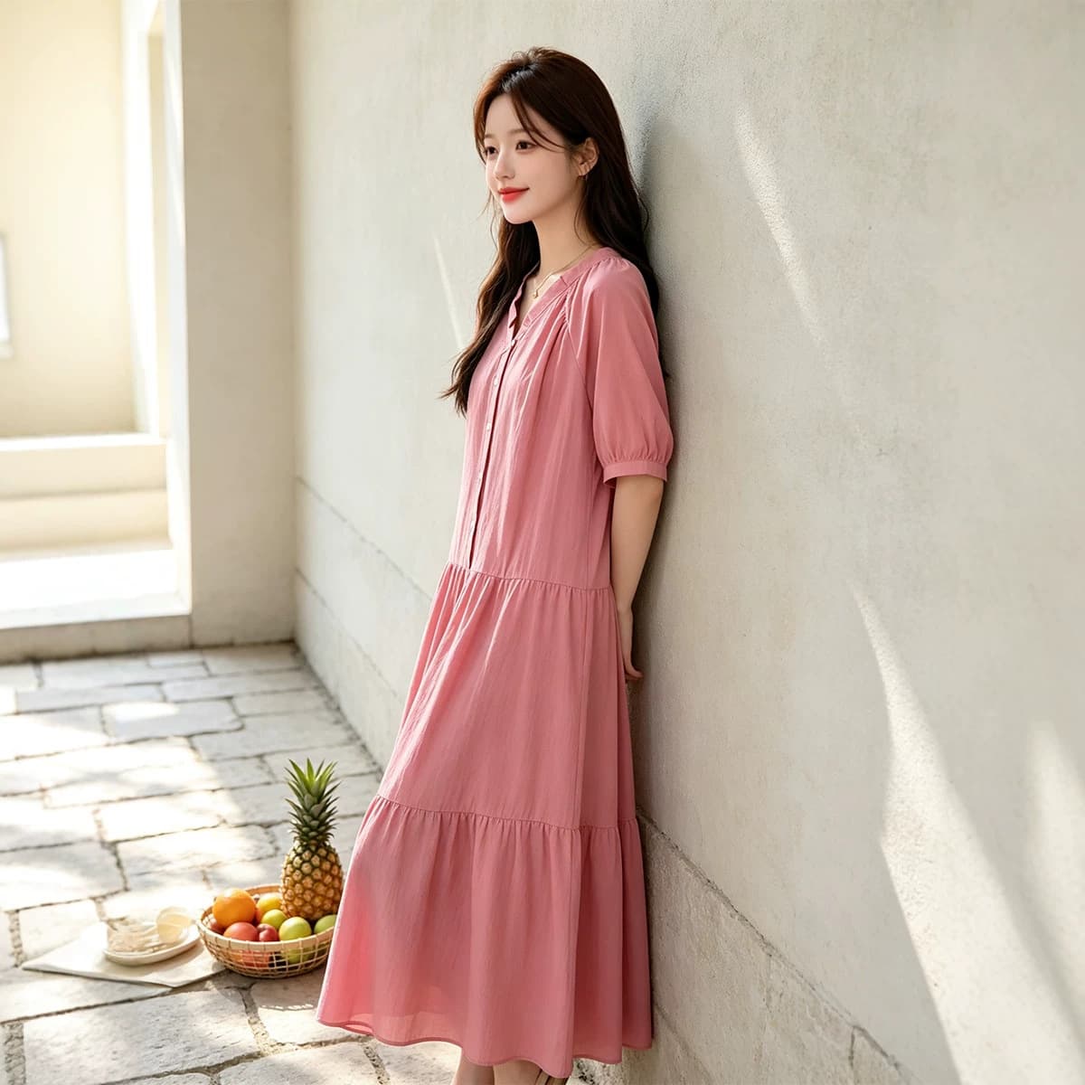 130-300 lbs Plus Size Women's New Summer Hong Kong Style Fresh Sweet Solid Short Sleeve Long Dress
