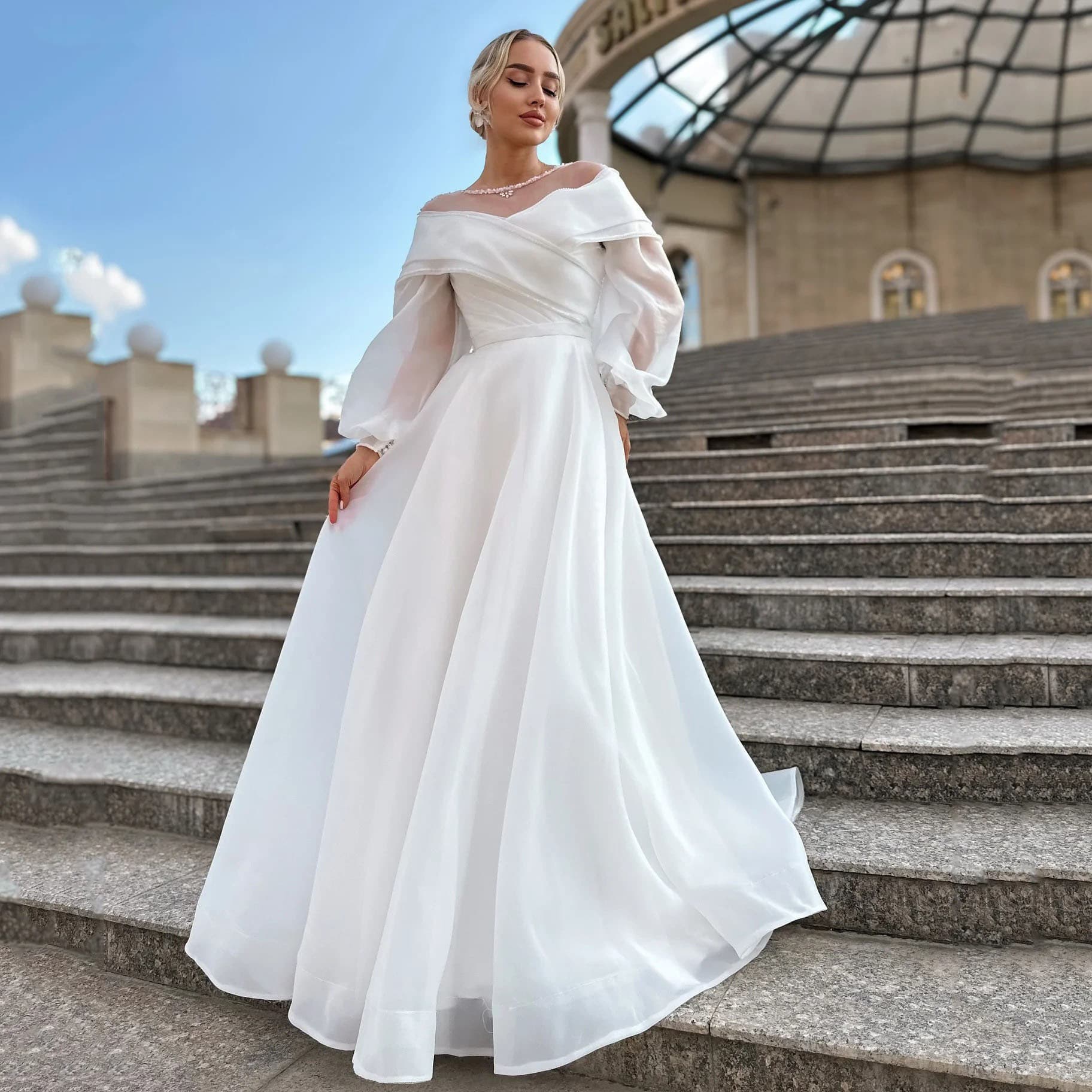 Solid Color Long Sleeve Chiffon Wedding Dress Elegant V Neck Backless Boho Gown Simple Long Formal Party Dress