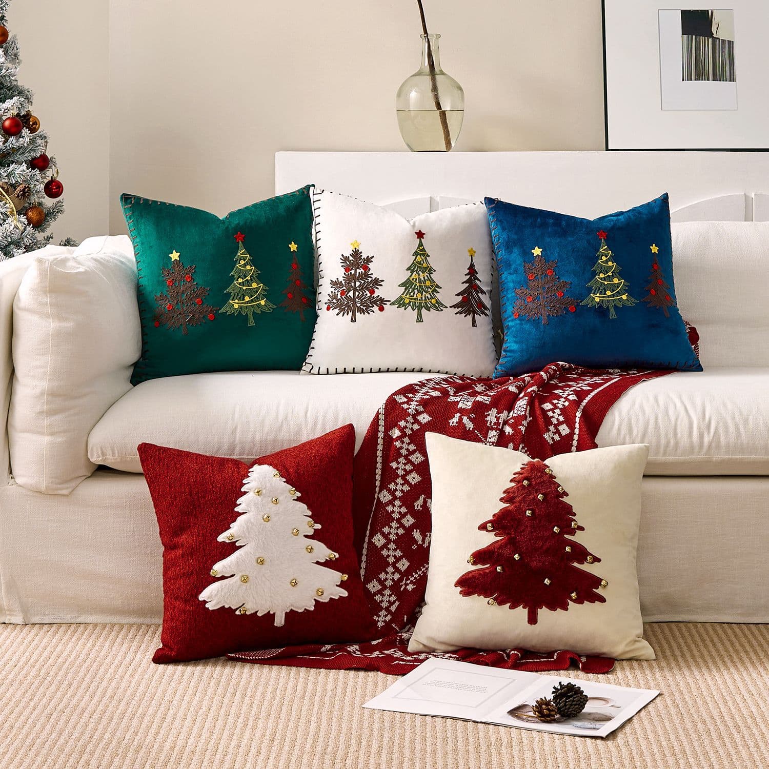 TEMU Cross-border Hot Seller Christmas Tree Pillowcase, Christmas Living Room Decor Embroidered Cushion Cover 45*45cm