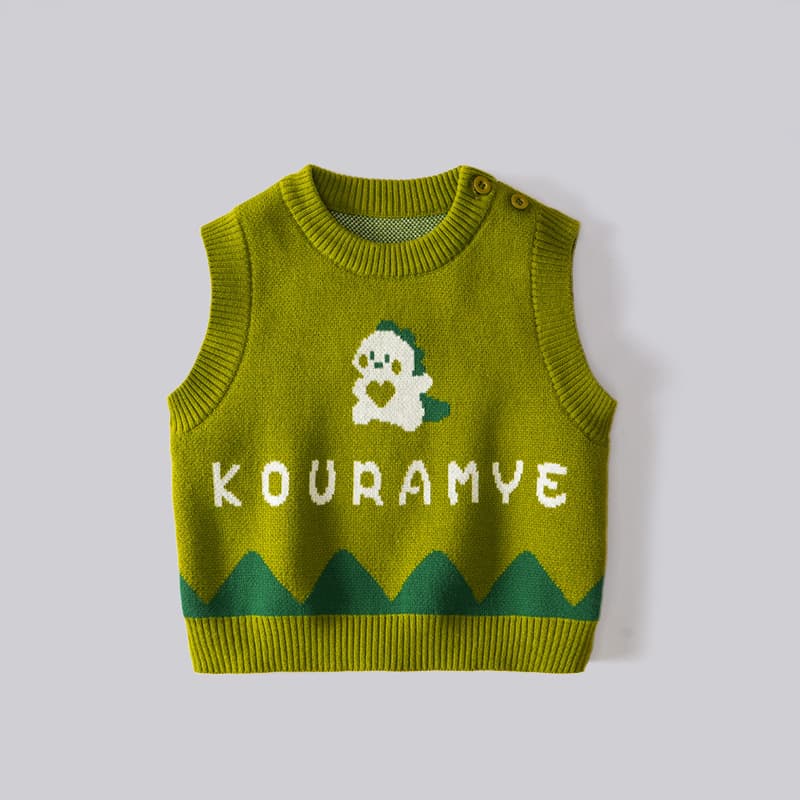 Spring/Fall Boys' Sleeveless Sweater Cartoon Dinosaur Jacquard Vest Warm Crew Neck Knit Top Kids Class A Vest