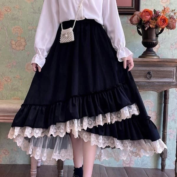 Original Custom Autumn/Winter Velvet Long Skirt Thickened Retro Lace Big Swing Cake Skirt Half Skirt Cross-Border