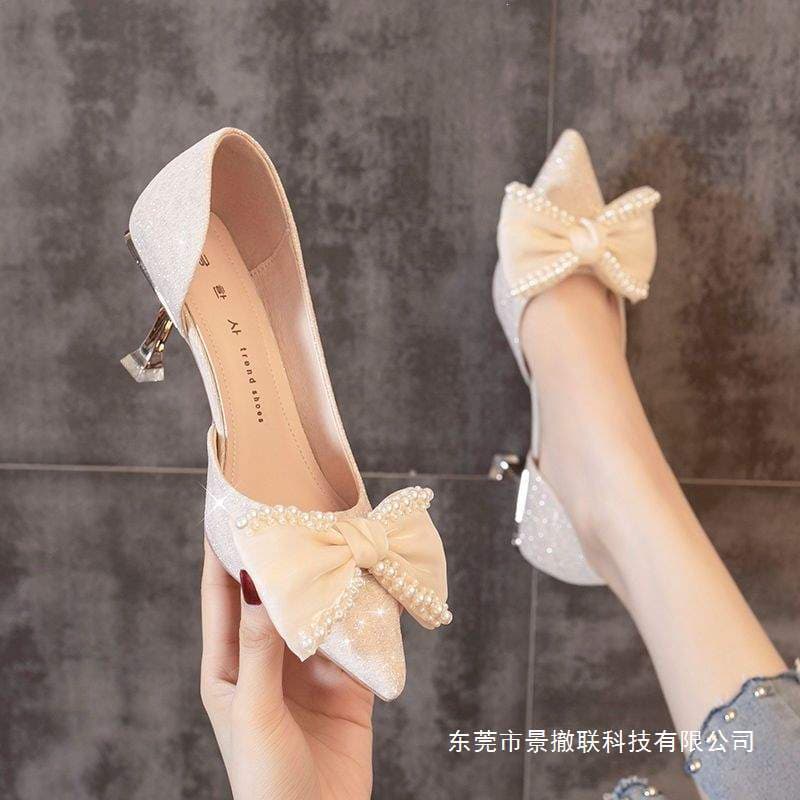 2025 Spring New Versatile High Heels for Women, Korean Style French Princess Sweet Bowknot Thin Heel Pumps