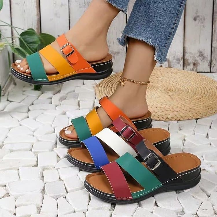 Cross-border Large Size Platform Slippers Women 2025 Summer New Color Block Slippers Women TEMU Hot Selling Sandals Women
