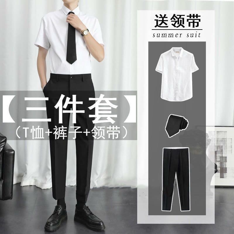 Business formal wear, men's job interview, professional wear, short-sleeved shirt, trousers suit, college student graduation photo, thin shirt