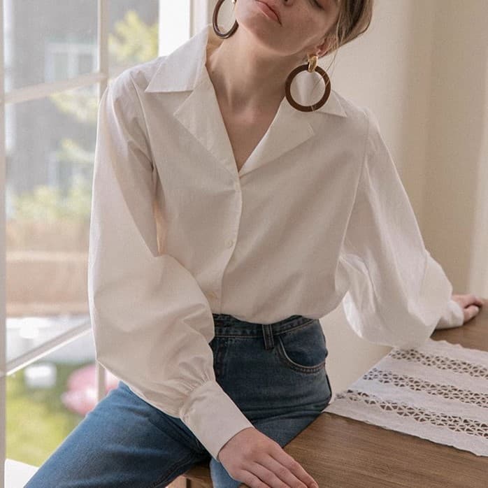 Chunqiu French-style Blouse for Women, Designer Lantern Sleeve Turn-down Collar Unique Top, White Vintage Long-sleeve Shirt Thin