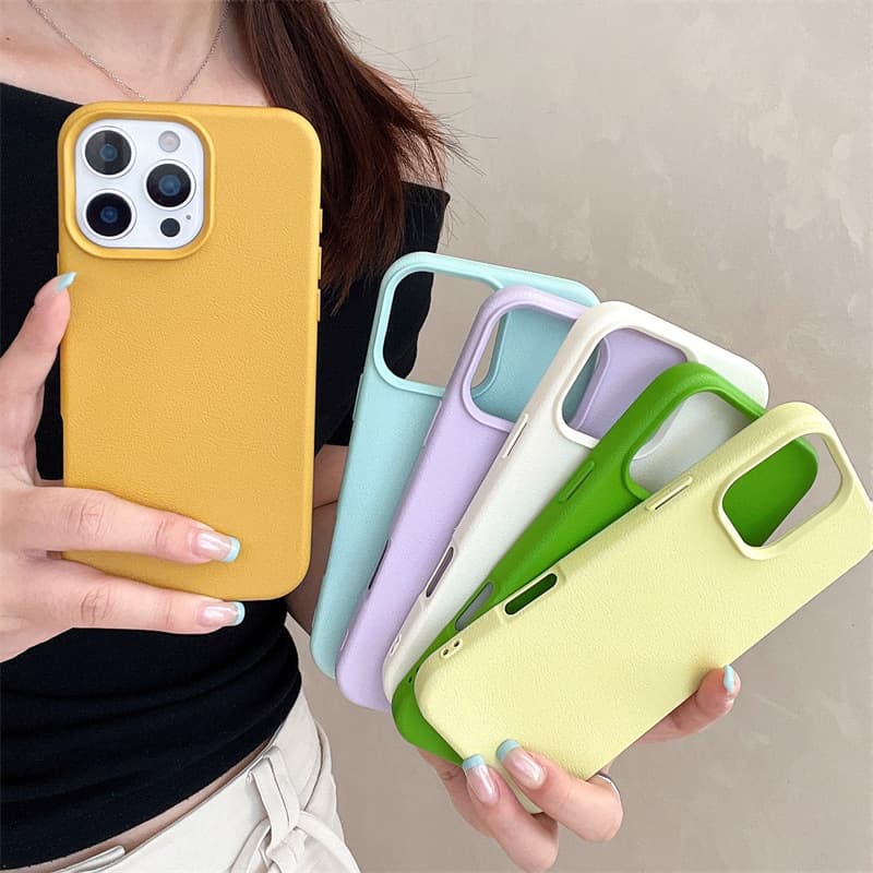 Minimalist Solid Color Leather Texture Phone Case for iPhone 14/13/12/11/16/15 Pro Max, Shockproof