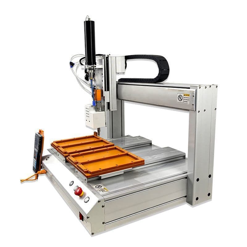 Fully automatic three-axis dispensing machine for silicone, hot melt, UV, AB331 adhesives with syringe.