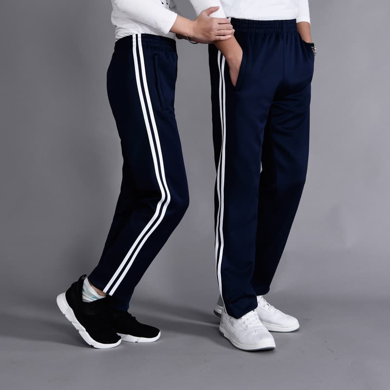 Summer Ice Silk Elastic School Trousers for High School and Middle School Students, Suitable for Spring, Autumn, and Winter, with Reflective Stripes and Two Lines, Navy Blue