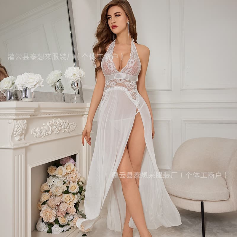 Cross-border Stock Sexy Lingerie New European and American Style Pure Desire Women's Mesh Split Strap Long Dress Set
