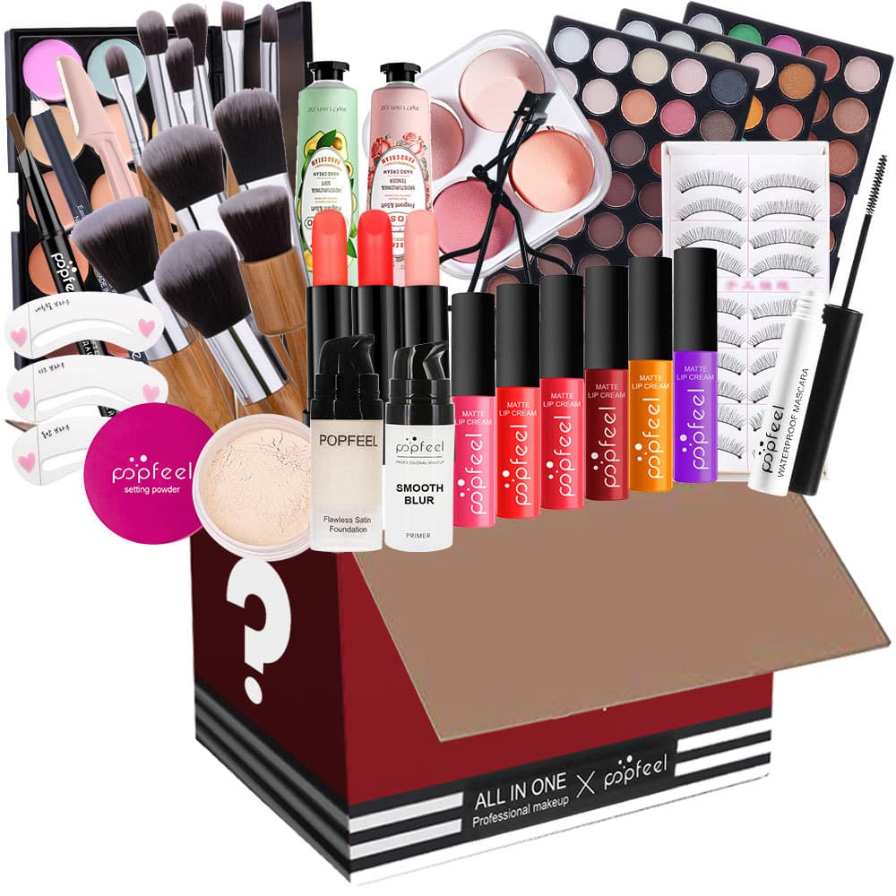 POPFEEL All-in-One Makeup Bag Professional Brush Set Eyeshadow Palette Lip Gloss Set Christmas Gift Box Set