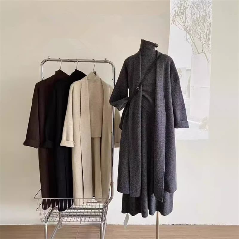 Elegant Lazy Gentle Style Long Knit Cardigan with Skirt Women Set Fall/Winter Loose Knit Cardigan Three-Piece Set