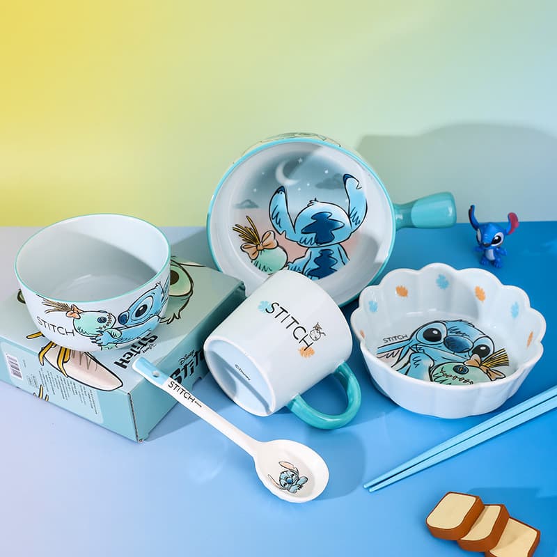 Stitch ceramic tableware set cartoon handle bowl ceramic salad bowl cute rice bowl personalized bowls and chopsticks gift box