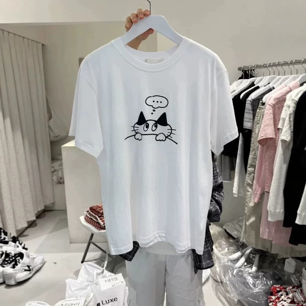 In Stock Free Shipping Korean Cotton Summer New Loose Fit Versatile Cartoon Cat Print Short Sleeve T-Shirt Top Women's Fashion