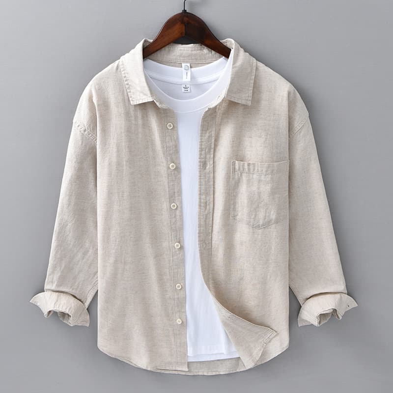 Men's Business Casual Cotton Linen Long Sleeve Shirt Spring Summer Breathable Sweat Absorbent Loose Fit Youth Fashion Top