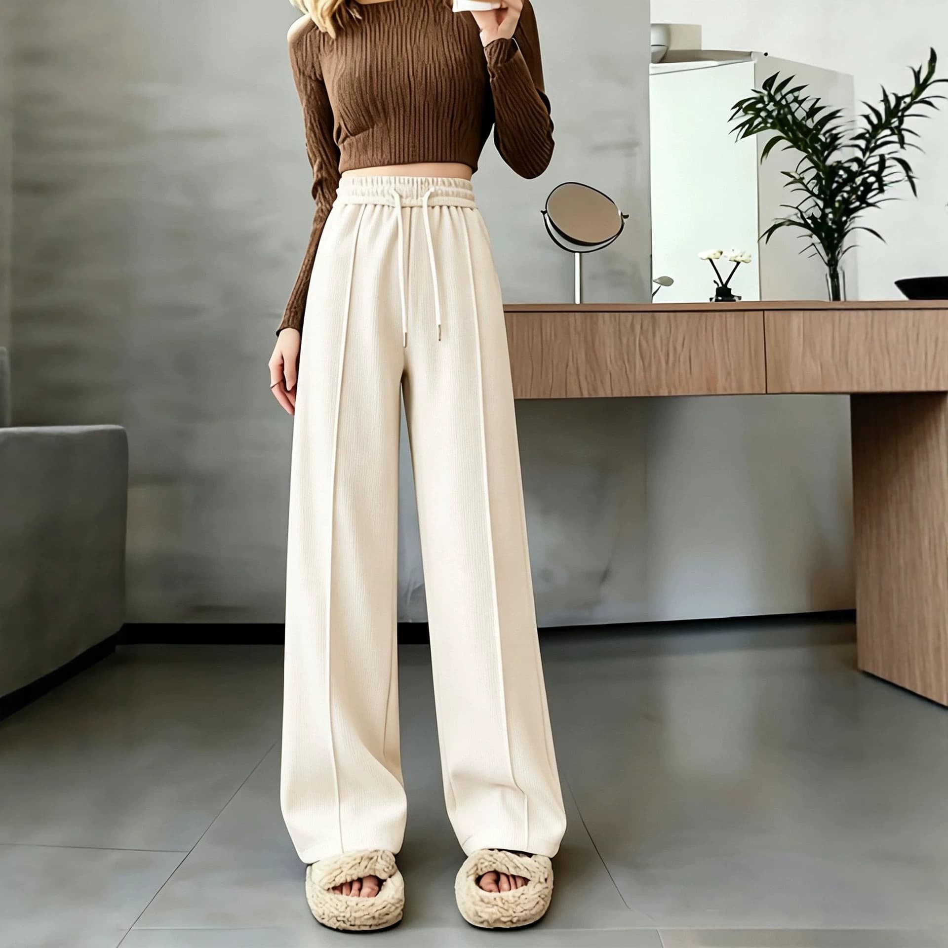 New Autumn Winter German Velvet High Waist Slimming Drapey Apricot Casual Pants Wide Leg Pants