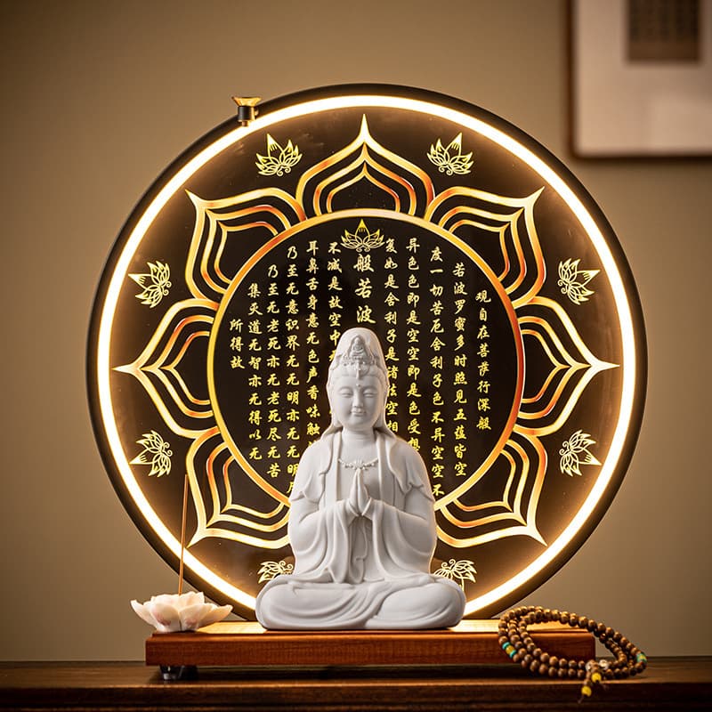 Ceramic Guanyin Buddha Statue Decoration, Seated Lotus Guanyin Bodhisattva Craft, Zen Tea Space Decorative Ornament with Light Ring