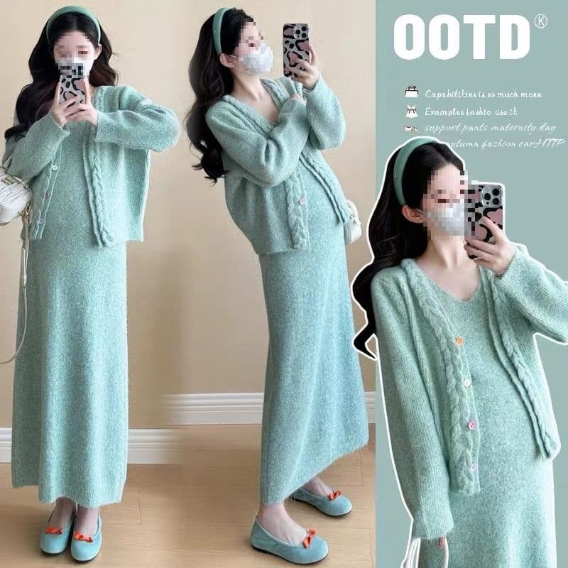 Plus Size Maternity Wool Sweater Korean Style Celebrity Elegant Sweet New Spring and Autumn Set Dress Coat Dress