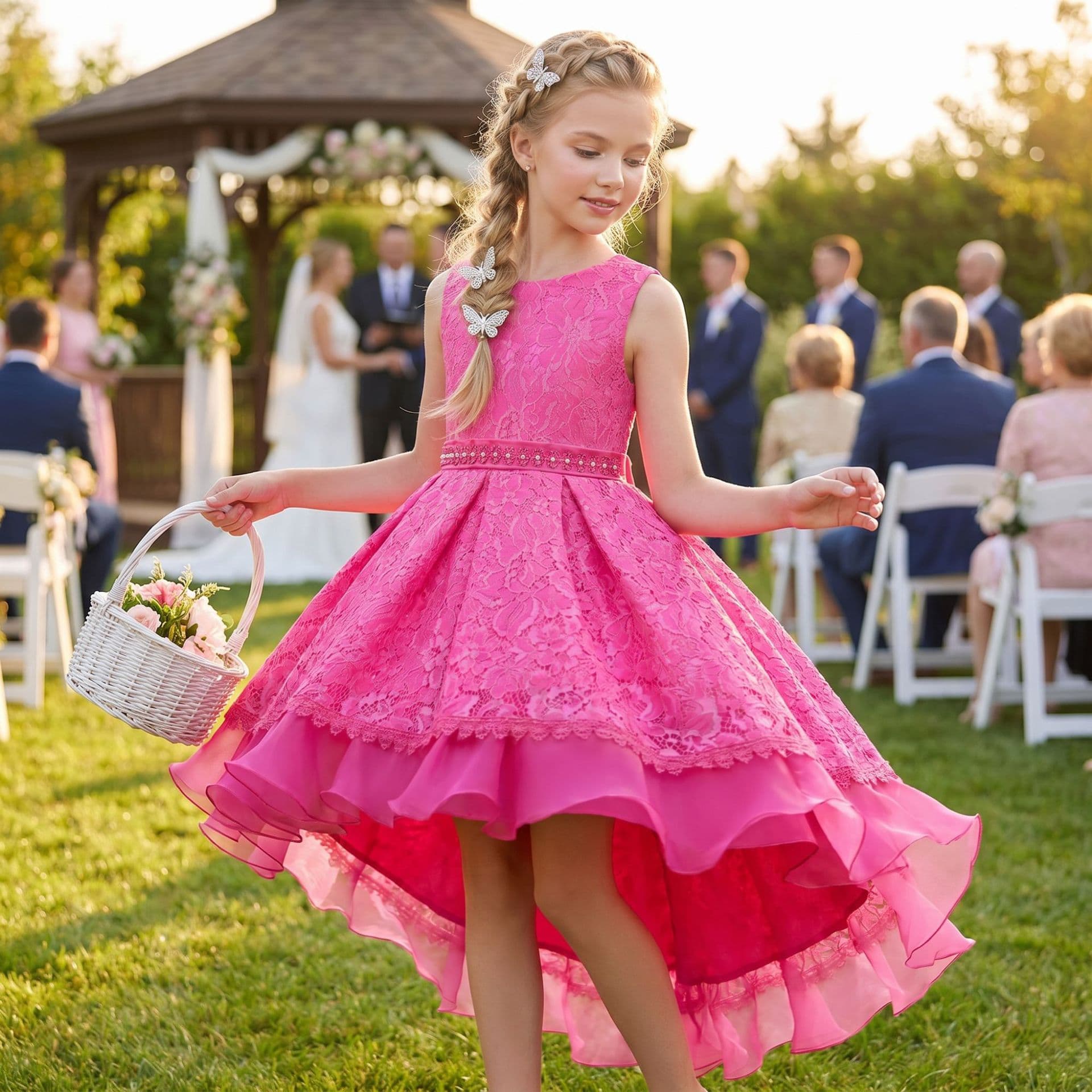 Cross-border Hot Selling Girls Dress with Front Short Back Long Hem, Ruffled Tulle Skirt, Flower Girl Piano Host Performance Dress Wholesale
