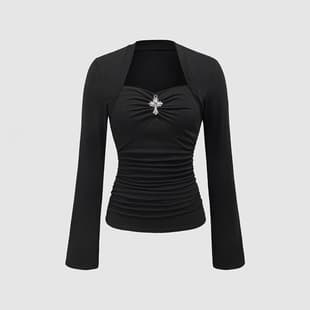 Women's Retro Gothic Cross Pendant Solid Stretch Long Sleeve T-Shirt Square Neck Vintage Style