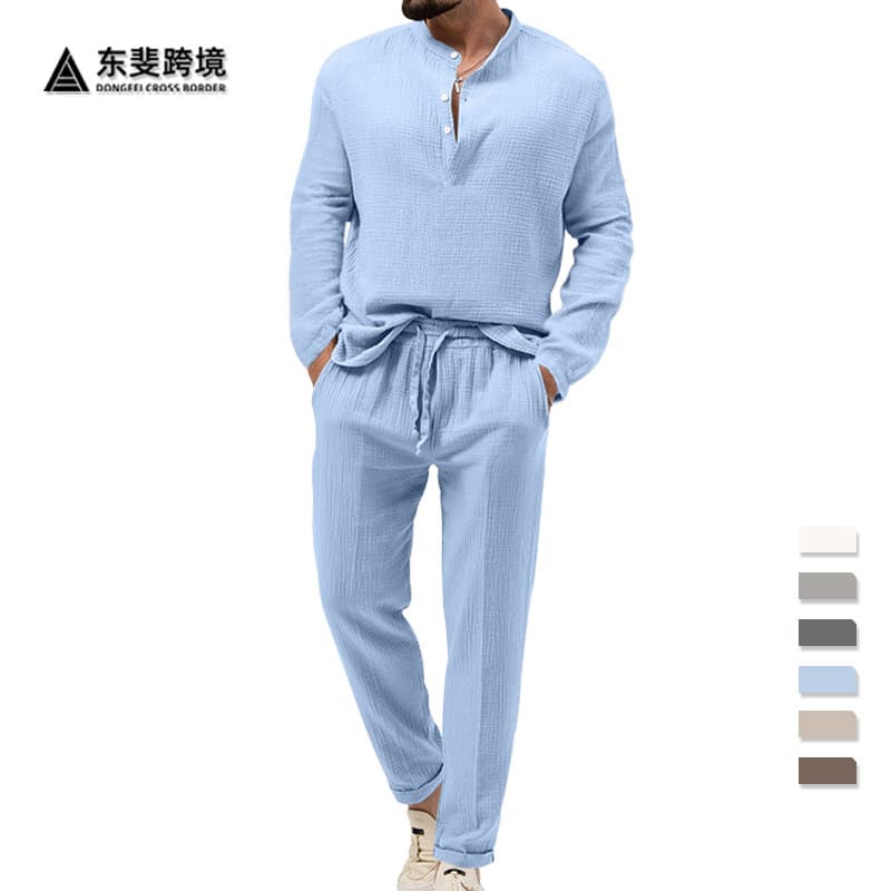 Cross-Border European and American Foreign Trade Amazon Best-Selling Spring and Autumn Men's Solid Color Casual T-Shirt Long-Sleeve Shirt and Pants Set