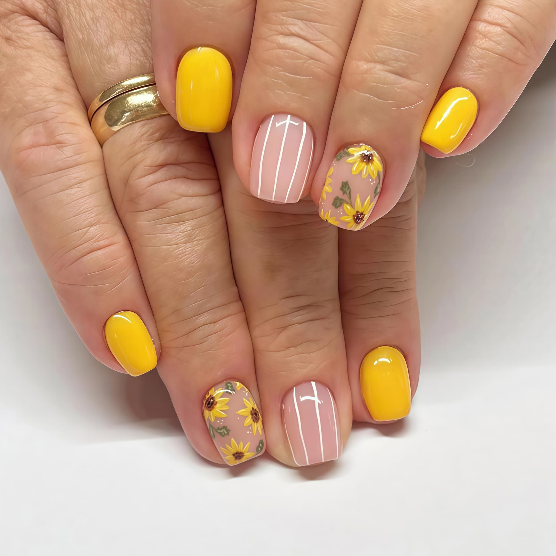 Short Glossy Press-On Nails for Cross-Border E-Commerce, Autumn/Winter Gentle Sunflower Pattern, 24 Pieces
