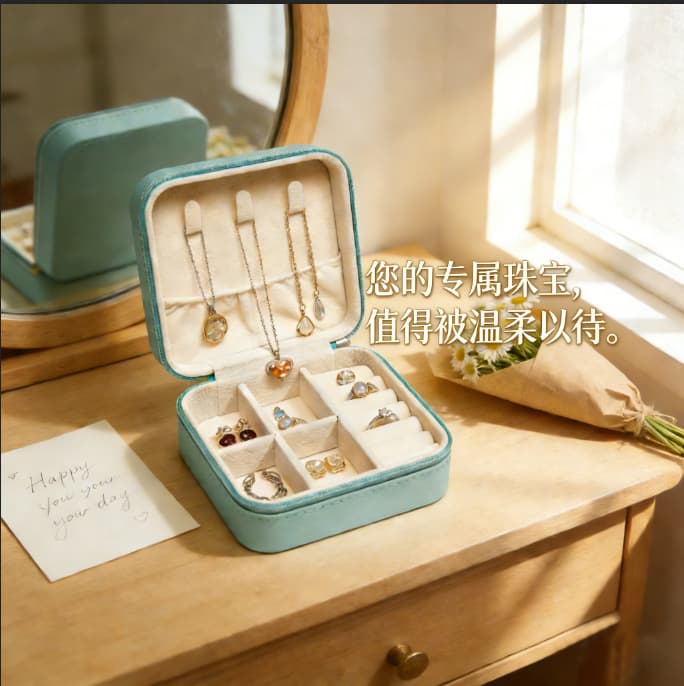 Factory Cross-Grain Square Jewelry Storage Box Velvet Jewelry Box Portable Zipper Style Ear Stud Ring Storage Box