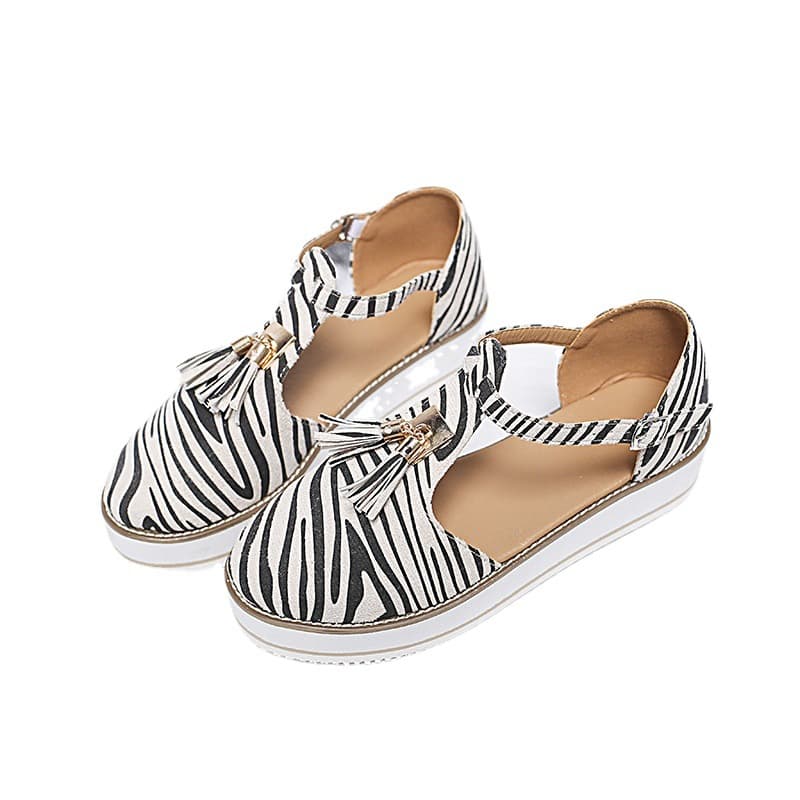 Cross-border Zebra Print Fringe T-strap Thick Sole Closed Toe Sandals for Women Plus Size Foreign Trade Casual Flat Hollow Out Shoes
