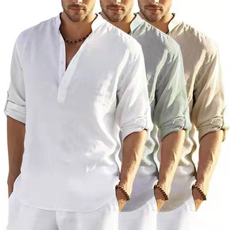 Loose Fit Men's Long Sleeve T-Shirt Linen Cotton Blend Breathable Machine Washable Moisture Wicking Casual Style Solid Color