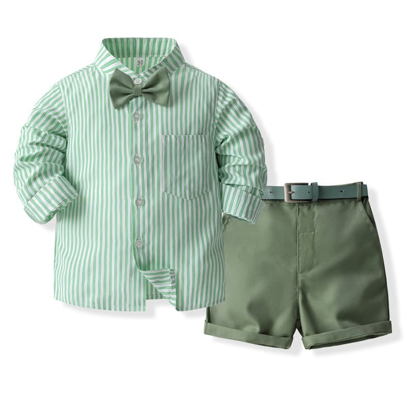 Boys' Summer Striped Shirt Shorts Set British Style Bow Tie Two-Piece Baby Gentleman Dress Outfit
