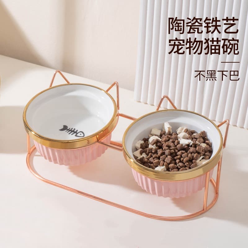 Cross-border Cat Bowl Ceramic Double Bowl Raised Cat Food Bowl Water Bowl Electroplated Gold Pet Bowl Slanted Feeding Dish