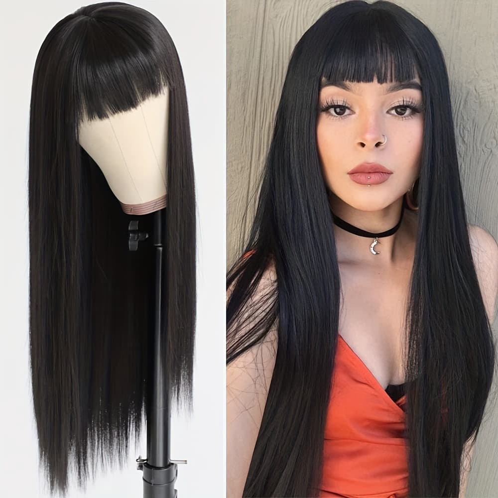 European and American Cross-Border Wigs for Women, Fashionable Wigs with Bangs, Long Straight, Multiple Color Options, Synthetic Hairpieces, High-Temperature Fiber, Xuchang