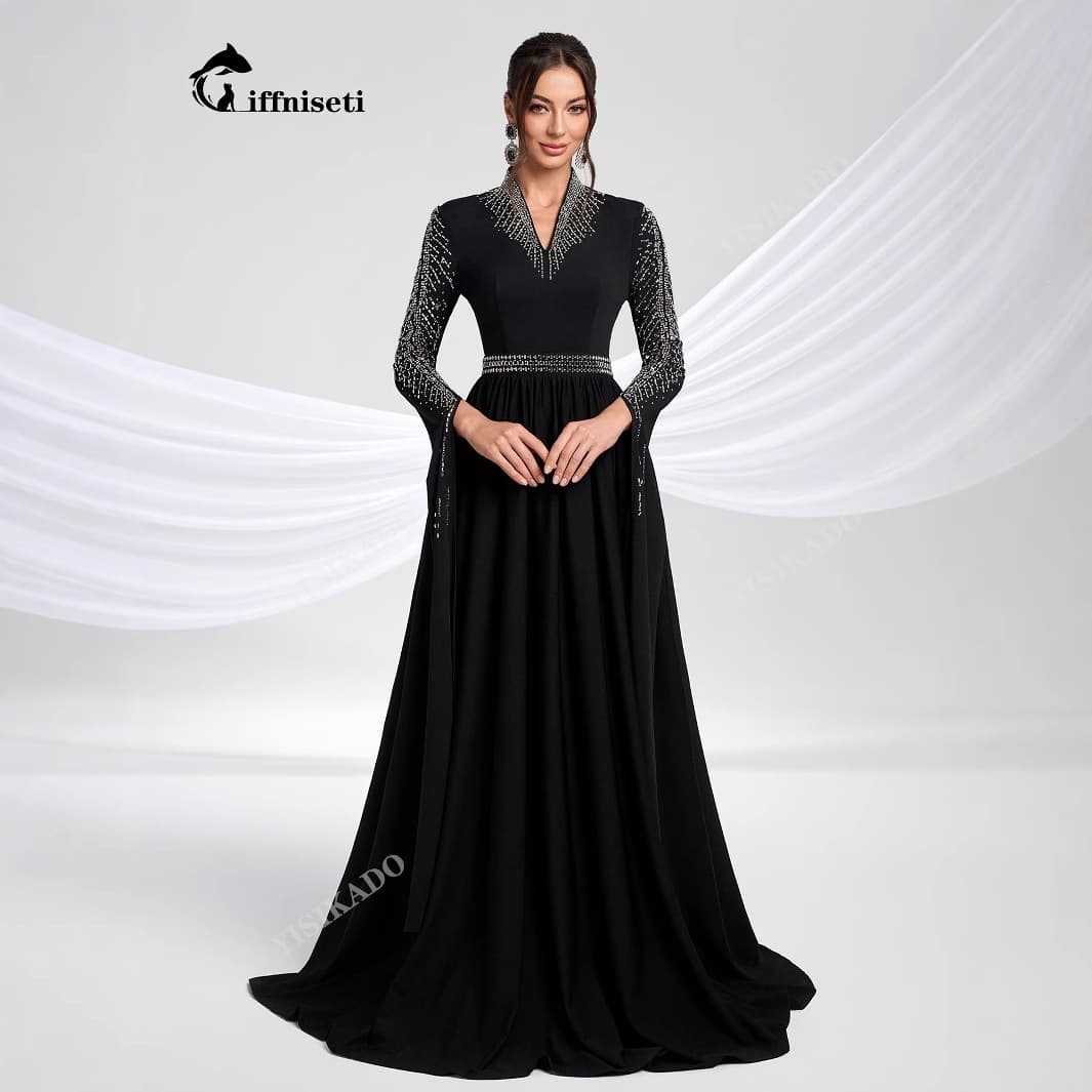 Luxurious Rhinestone Formal Evening Dress Slit Long Sleeve Women's Maxi Dress Elegant Prom Dress Wedding - MGN1737