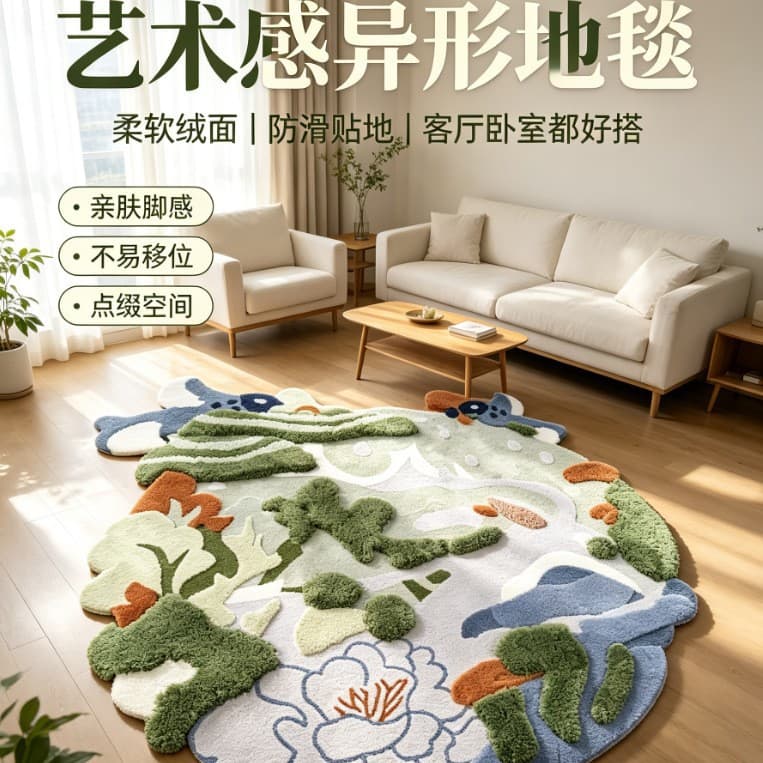 Unique Irregular Shape Rug with Artistic Design, Hand-Tufted Landscape Rug for Living Room Decoration