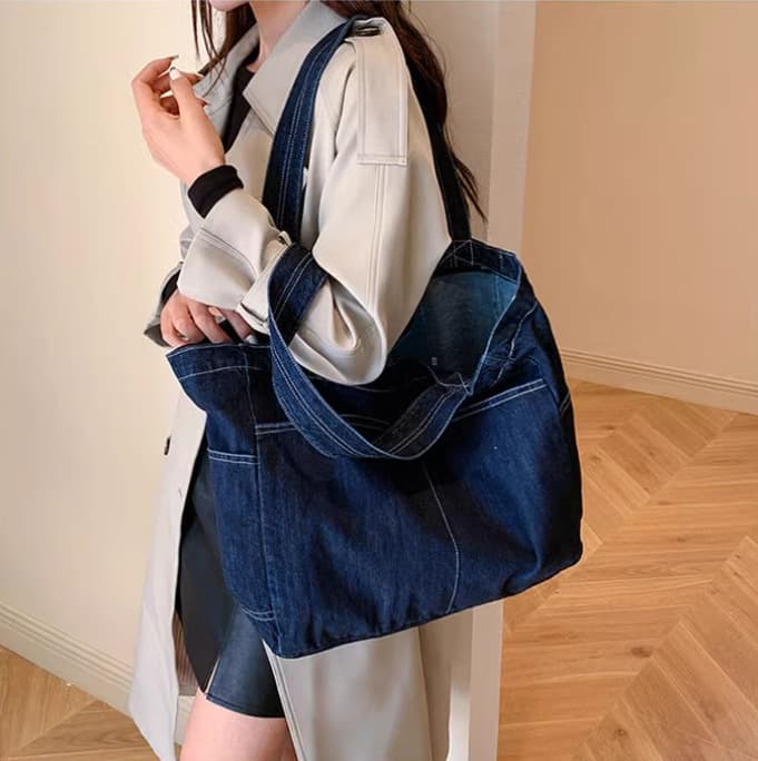 Japanese Denim Shoulder Bag Large Capacity Shopping Bag Mother Bag Tote Bag Student Schoolbag Mic Bag