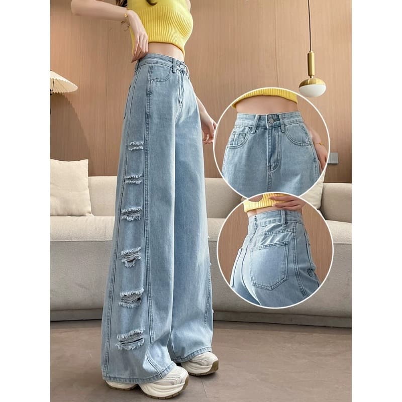 Light blue ripped wide leg jeans for women summer 2026 new design splicing slimming straight floor mopping pants wholesale