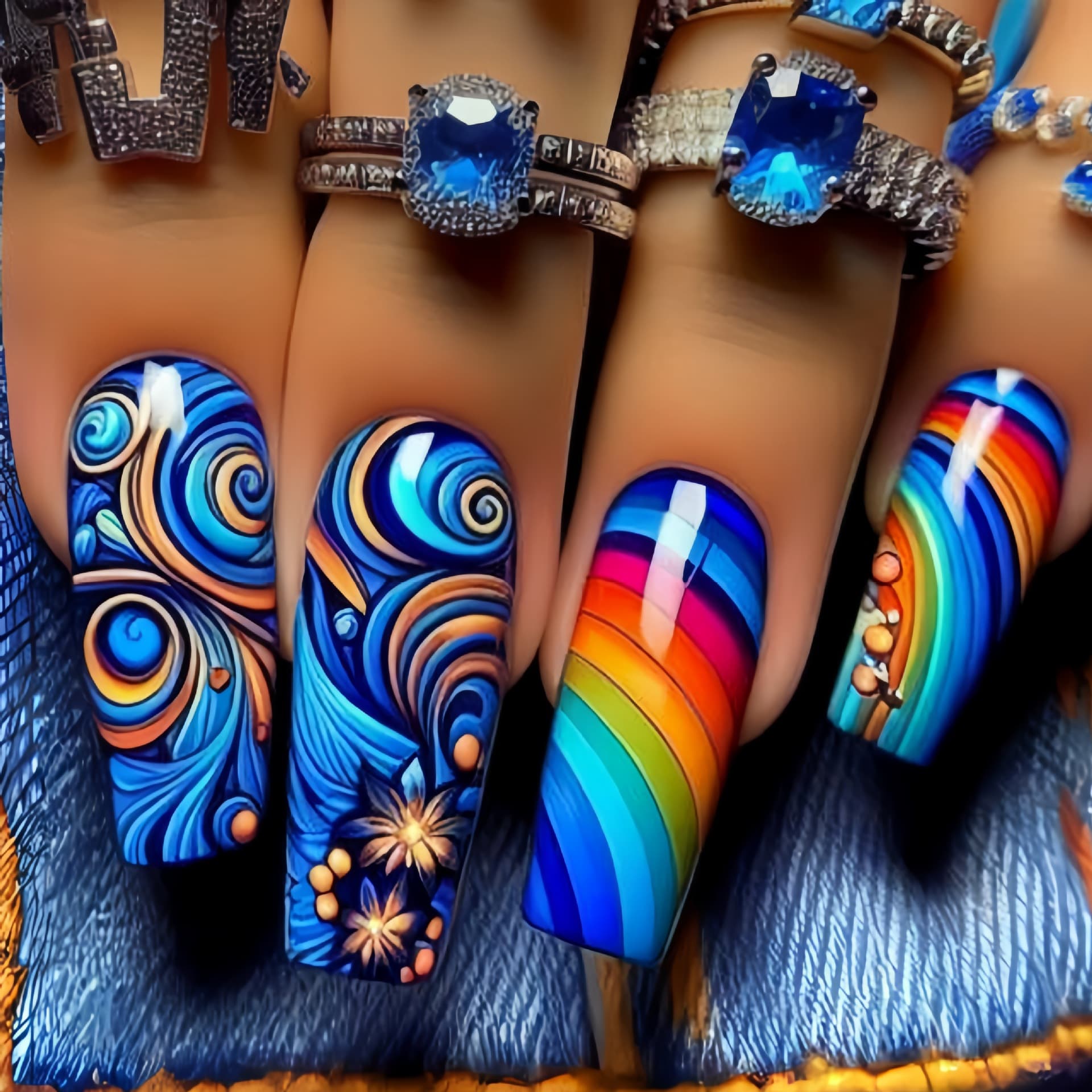Press-On Nails Medium-Long Oval Square Nails New Year Spring Summer Fashion Nails Multicolor Gradient Stripes