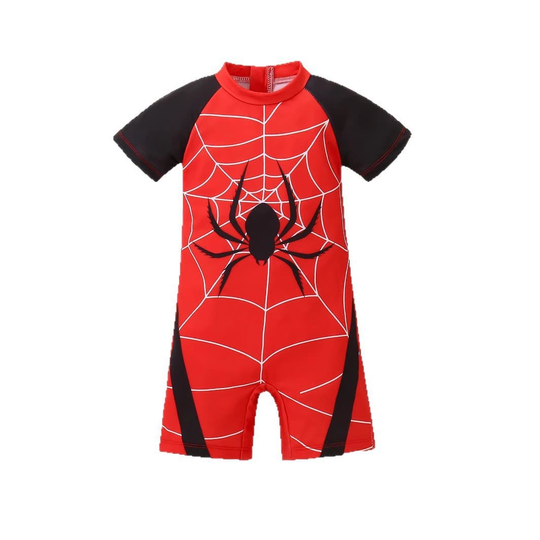 2025 Baby Kids Summer Boys Fashion Short Sleeve Swimsuit Cute Spider Print Color Block One-Piece Swimsuit