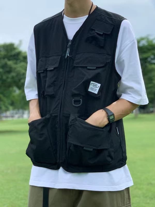 Japanese tactical vest, ins trendy multi-pocket utility jacket for men, rugged sleeveless top