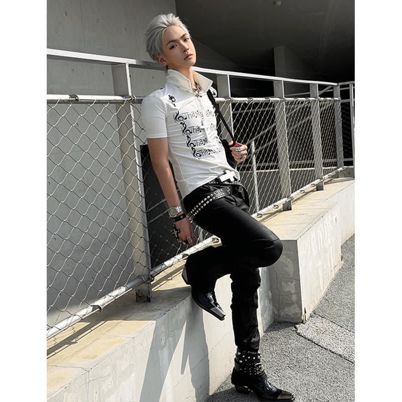Summer new y2k subculture right shoulder short-sleeved T-shirt for men and women musical note print visual light Asian style slim top