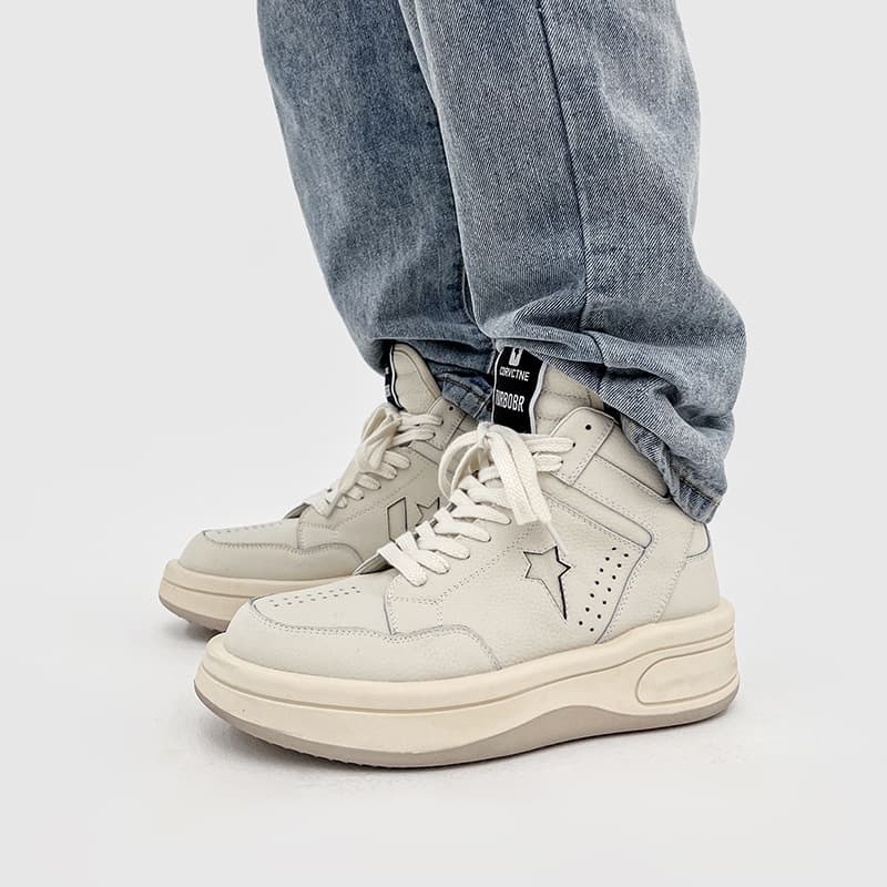 New Style High-Top Sneakers Couple Shoes Casual Thick Sole Heightening Versatile White Shoes Men's Genuine Leather Martin Boots Women's