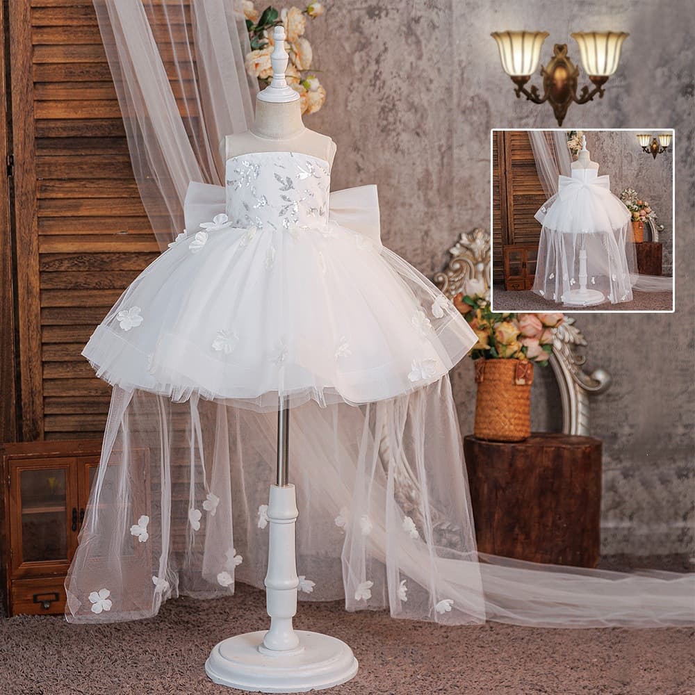 Children's Tulle Train Princess Dress Performance Costume Baby Girl 100 Days First Birthday White Flower Girl Wedding Dress