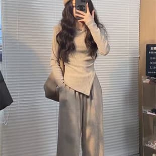 Irregular Top Sports Pants Fashion Set Women's Autumn Winter Petite Straight Wide Leg Pants Casual Two-Piece Set