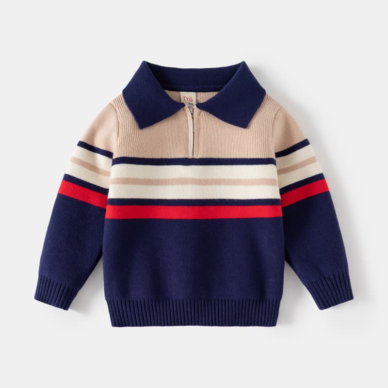 Tengyun Dove Boys' Polo Neck Sweater Wholesale Children's Chunky Core-Spun Yarn Striped Half-Zip Knit Top