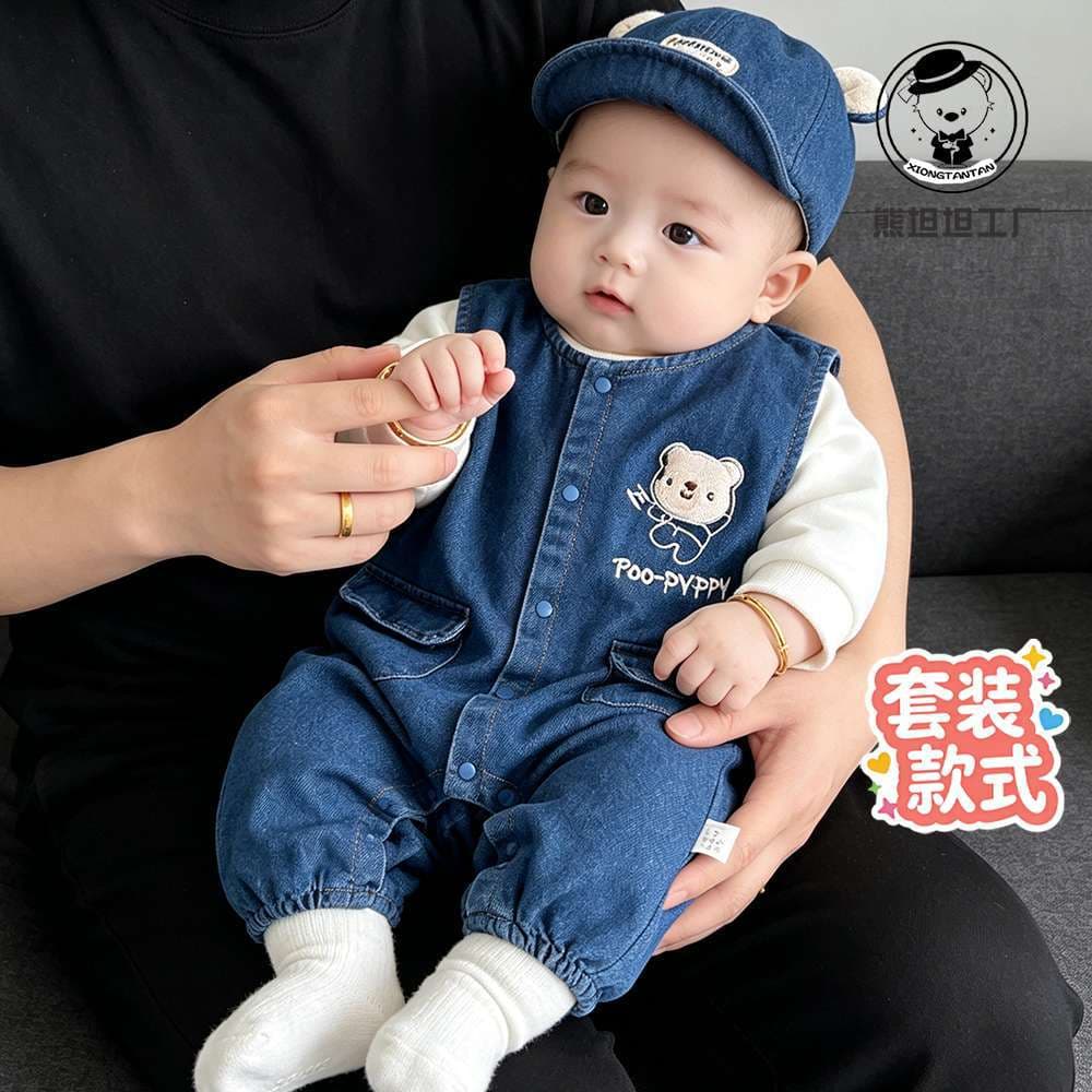 Baby jumpsuit spring and autumn style baby fashionable suit super cute denim overalls top two-piece set